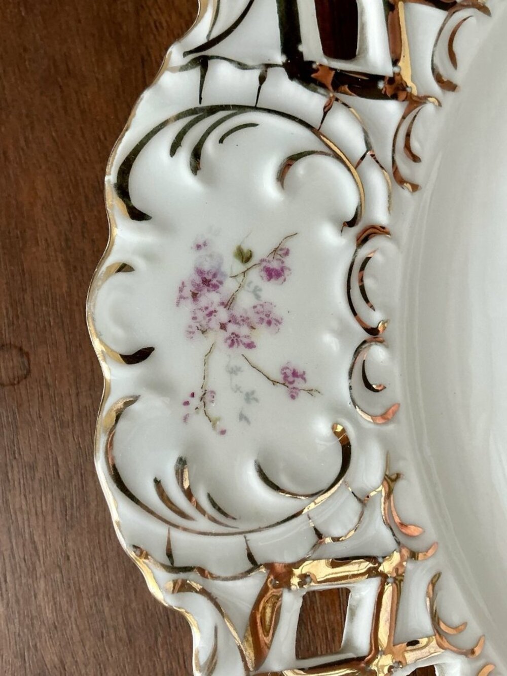 Antique Pierced Porcelain Plate Apple Blossom Floral Gold Gilt 10in - Picture 12 of 16
